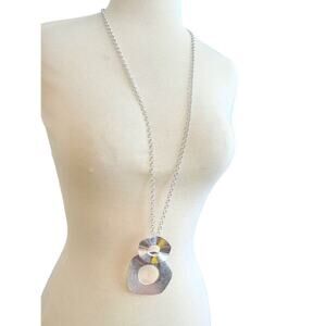 JV Silver Tone Long Necklace Link Chain With Large Silver Double Circle Pendant